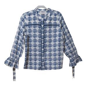 Porridge Anthropologie whimsy button up peacock shirt novelty blue white Medium